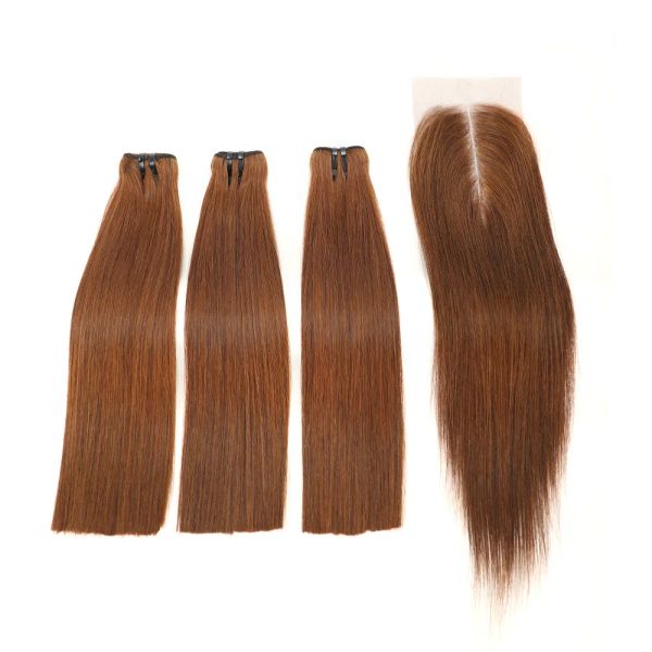 Parrucche Bundle di capelli umani lisci con osso con chiusura in pizzo HD 2x6 33 # Colore marrone Vietnam Super Double Draw Fasci di capelli grezzi Estensione