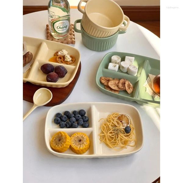 Pratos placa cerâmica estilo coreano três grades cor sólida retângulo talheres almoço vegetal frutas cozinha suprimentos