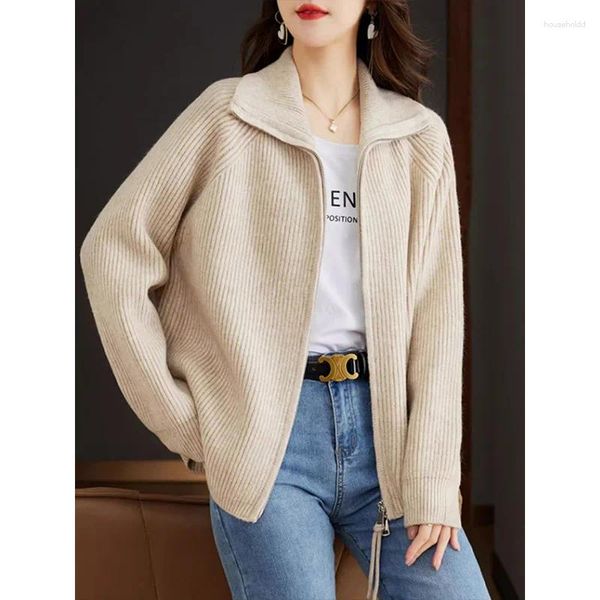 Cardigan con cerniera in lana ispessita a collo alto lavorato a maglia da donna per una lussuosa giacca autunnale in maglione lavorato a maglia alla moda