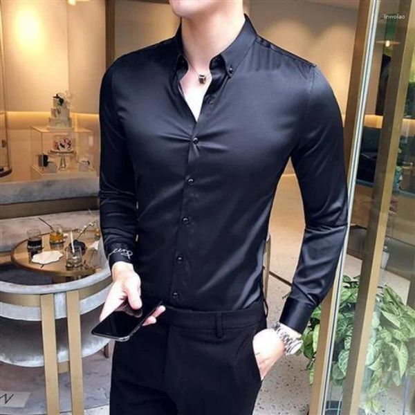 Camisas de vestido masculino masculino top roupas de negócios camisa lisa e blusa músculo branco normal luxo fino ajuste estilo coreano original i