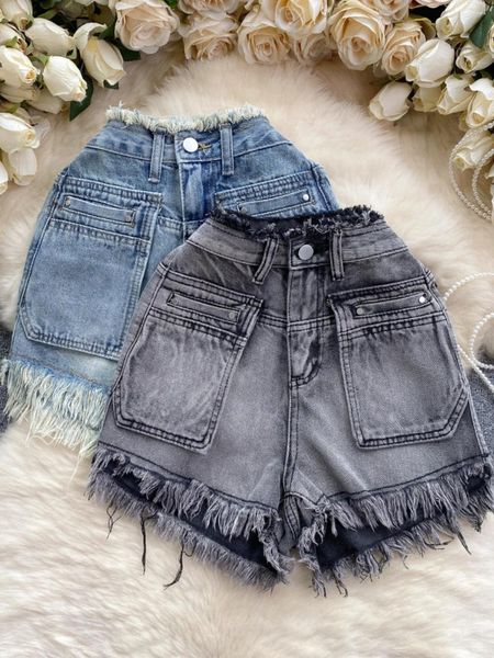 Frauen Shorts Süße Jean Kurze Taschen Strähnig Selvedge Hohe Taille Booty Koreanischen Stil Einfarbig Vintage Streetwear Sommer Dropship