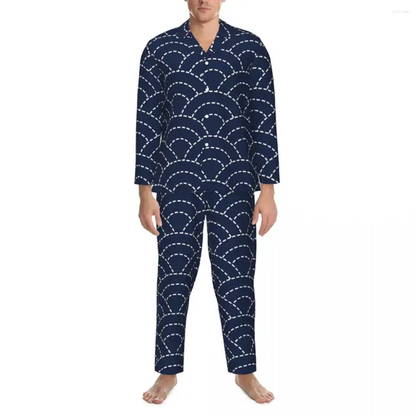 Herren-Nachtwäsche, blau, Seigaiha-Wellen-Pyjama-Set, japanische Kunst, Kawaii, langärmelig, Vintage, Freizeit, 2-teilig, Nachtwäsche, Übergröße 2XL