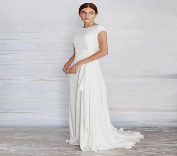 Semplice abito da sposa in crêpe Aline modesto con maniche ad aletta collo alto Sweep Train donna informale Boho Beach abiti da sposa abito da sposa 9890937