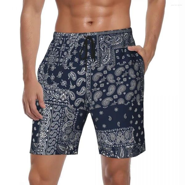 Shorts masculinos azul bandana lenço paisley board verão abstractcasual calças curtas homens roupas esportivas secagem rápida tronco de natação personalizado