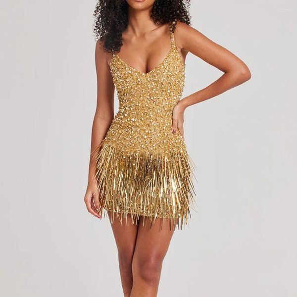 Sıradan Elbiseler Imcute Seksi Sırtsız Işıltı Mini Elbise Sequin Glitter Spagetti Kayış Konser Turu Disco Party Clubwear