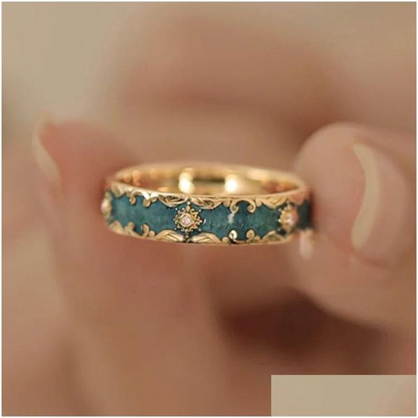 Anéis de banda esmalte artesanato anel padrão design estético high-end delicado fada temperamento verde vintage gota entrega jóias dhpxt
