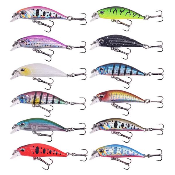 12-teiliges Angelköder-Set in verschiedenen Farben, 52 mm/55 mm, Mini-Minnow-Wobbler, Hartplastik, künstliche Köder, langsam sinkend, Pesca Tackle 240312