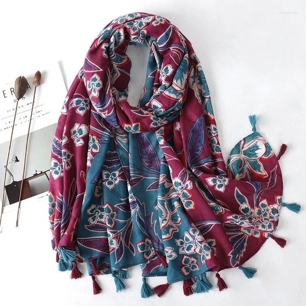Шарфы 90-180 см, модный мягкий льняной хлопковый шарф с принтом, шали с абстрактными цветочными кисточками, вискозный женский длинный хиджаб высокого качества