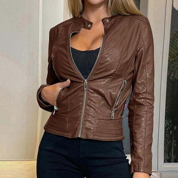 Giubbotti da donna 2024 Giacca da donna in ecopelle Slim Fit Cappotto da moto in PU Zip Up Outwear Autunno Inverno Punk Moto Chaquetas