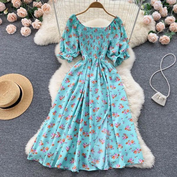 Casual Kleider 2024 Frauen Kleid Mode Romantische Blumendruck Split Lange Sommer Weibliche Puff Sleeve Party Koreanische Vestidos