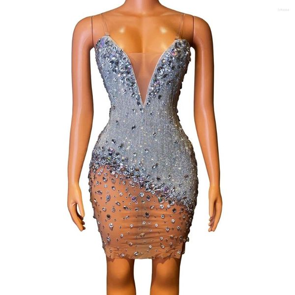 Vestidos casuais sparkly strass malha transparente v pescoço vestido curto para mulheres sexy celebrar aniversário casamento noite baile mostrar desgaste