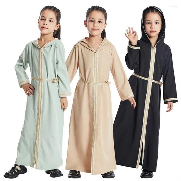 Этническая одежда Рамадан для девочек, мусульманское длинное платье, исламская Дубай, Абая, детский халат с вышивкой на праздник Ид, арабское платье джилбаб, детский кафтан с капюшоном