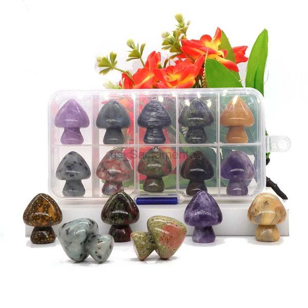 Massageador facial 10 peças/conjunto de pedra natural em forma de cogumelo escultura artesanato jóias decoração tratamento estátua de cristal caixa de presente projeto atacado a granel 240321