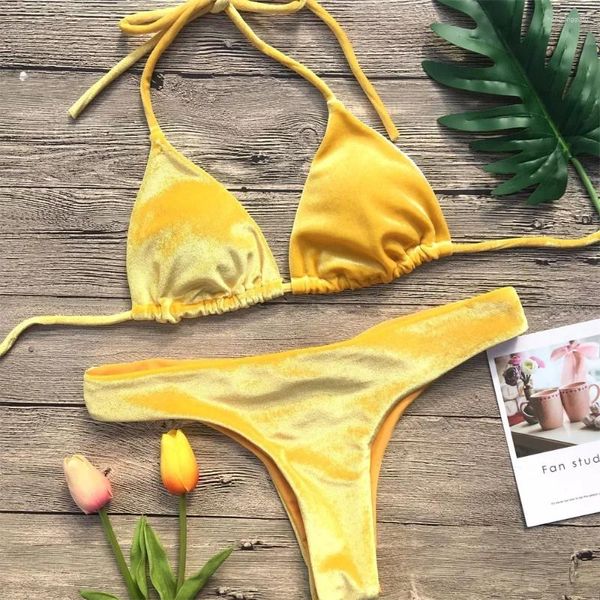 Damen-Bademode, Samt-Bikini, Tanga, Neckholder, Riemchen-Badeanzug, klassischer zweiteiliger Damen-Badeanzug, 2024, Strand-Outfit, Triangel-Bikini-Set, Badeanzug