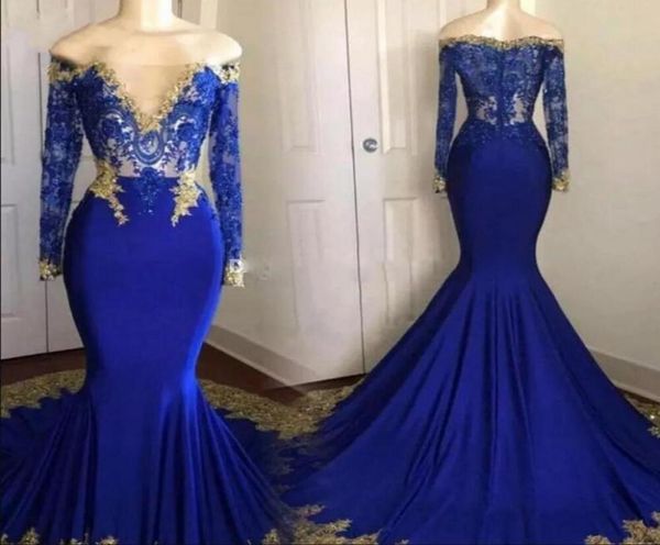 Royal Blue Long Sleeves Prom Dresses Long Off The Shoulder Gold Lace Appliques African Mermaid Abendkleider Sheer Neck Sexy Cockt6656095