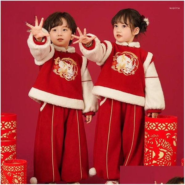 Roupas étnicas Impd Kid Menino Meninas Tang Terno Estilo Chinês Vermelho Bordado Hanfu Traje Inverno Engrossado Anos Saudações Drop Delivery Otbic