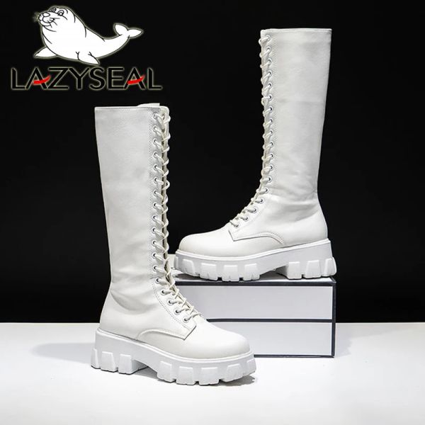 Boots Lazyseal Winter Boot Sapatos de bota longa Mulheres Lace White Up Altura do zíper Aumentando Sapatos de couro PU Plush Botas Mujer Big Size 43