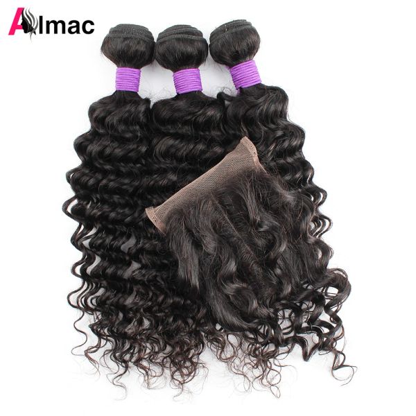 Fechamento cor natural onda profunda pacotes de cabelo humano com fechamento de renda 4x4 brasileiro remy extensão do cabelo 200 g/set parte livre renda suíça