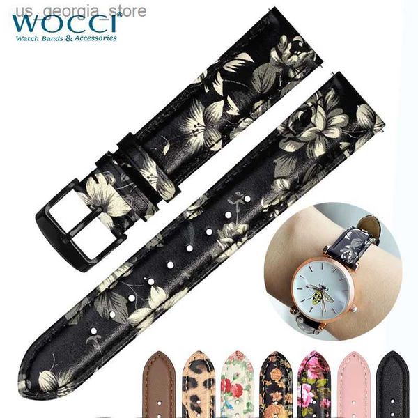 Uhrenarmbänder WOCCI Damen Blumenband Lederuhrenarmband 18mm 20mm 22mm mit Schnellverschlussarmband Edelstahl schwarze Schnalle Y240321