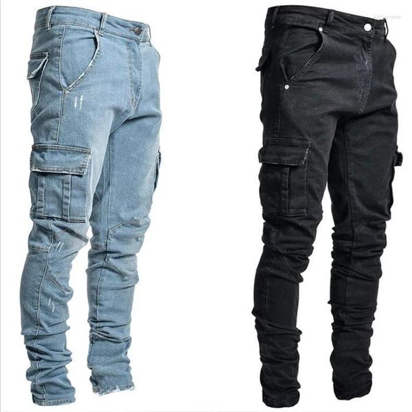 Jeans masculinos denim calças de carga macacão multi-bolso rasgado azul preto primavera hip hop meninos roupas lápis homem streetwear