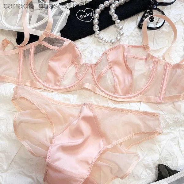 Bras Ultra-fino Malha Cetim Hollowing Sexy Underwear Conjunto de Anel de Aço Macio Lingerie Seios Grandes Mostrar Pequeno Sutiã Reunido SetsC24315