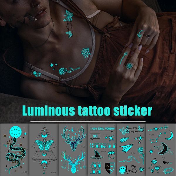 Adesivo de tatuagem luminoso 3D para homens meninas flores geométricas pena borboleta transferência de água descartável RA093 240311