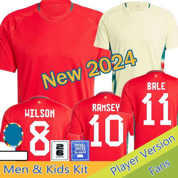 Gales 24 25 Jerseys de futebol Wilson Ramsey Bale New 2024 Equipe nacional 2025 Camisa de futebol masculino Kit Kids Full Set Red Red Away Men Uniform Brooks Johnson