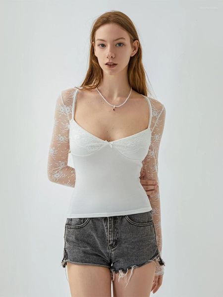 Женские футболки, женская кружевная рубашка с длинным рукавом с цветочным принтом, сексуальный укороченный сетчатый топ с глубоким v-образным вырезом, облегающая блузка с низким вырезом, многослойные топы