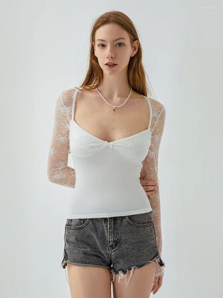 Damen-T-Shirts, langärmliges Hemd mit Blumenspitze, sexy tiefer V-Ausschnitt, Netz-Crop-Top, tief geschnitten, schmale Passform, Bluse, Lagenoberteile