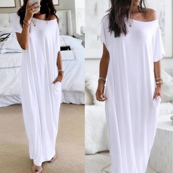 Vestidos casuais diário solto vestido manga curta maxi com bolso branco feminino para mulheres verão primavera 2024