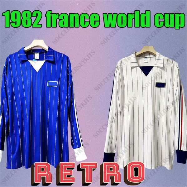 France Retro 1982 World Cup Home blaue Langarm-Fußballtrikots 1980 82 Auswärtstrikots FRAN CE Retro-Fußballtrikot Herren Tops T-Shirt