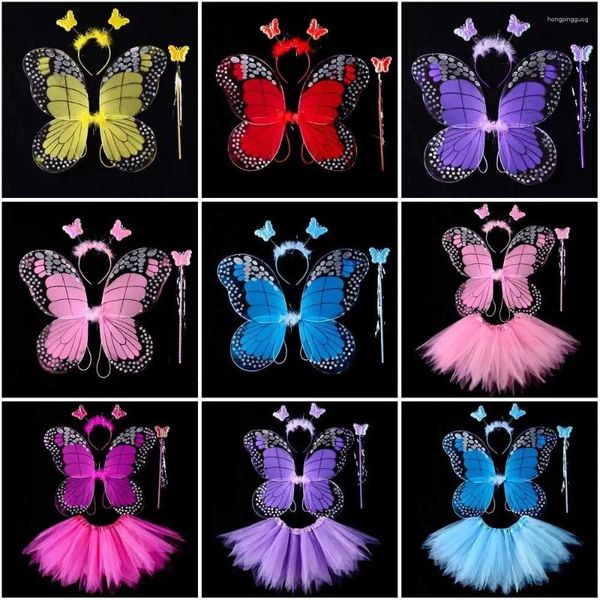 Decorazione per feste Bambini adulti 3/4 pezzi Set di costumi da fata Simulazione Ali di farfalla Gonna Fascia Bacchetta Principessa Ragazze Vestire Regalo di Halloween