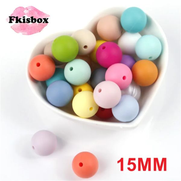 Colares Fkisbox 100 pc 15mm redondo silicone mordedor grânulo bpa livre bebê dentição colar acessórios bebê chupeta corrente silicone contas