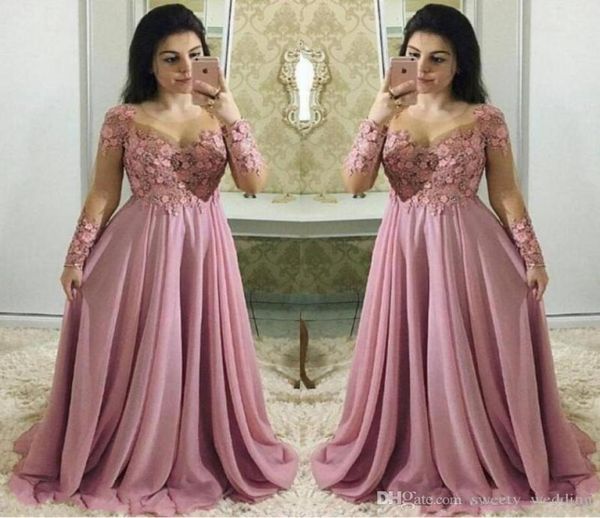 Plus Size Wunderschöne staubige rosa Ballkleider mit langen Ärmeln, transparenter Juwelenhals, Applikation, Spitze, handgefertigt, 3D-Blumen, formelles Kleid für den Abend, Go8962610