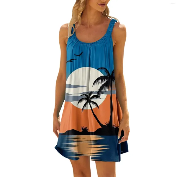 Vestidos casuais feminino vestido pôr do sol 3d impresso padrão sem mangas vestido fino colete solto deslizamento verão praia sundress robe