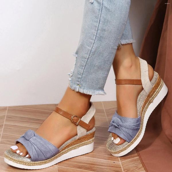 Sandálias Strap Wedge para Mulheres Color Block Nó Detalhe Espadrille Calçado Casual Open Toe Roman Walking Flat Heels