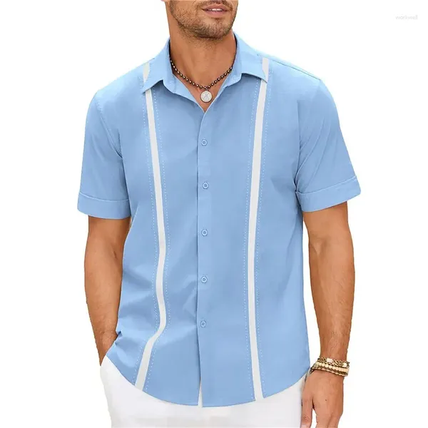 Per uomo Camicie casual Guayabera T-shirt abbottonate Estate Abbigliamento da spiaggia Blu marino Maniche corte Colorato Quotidiano
