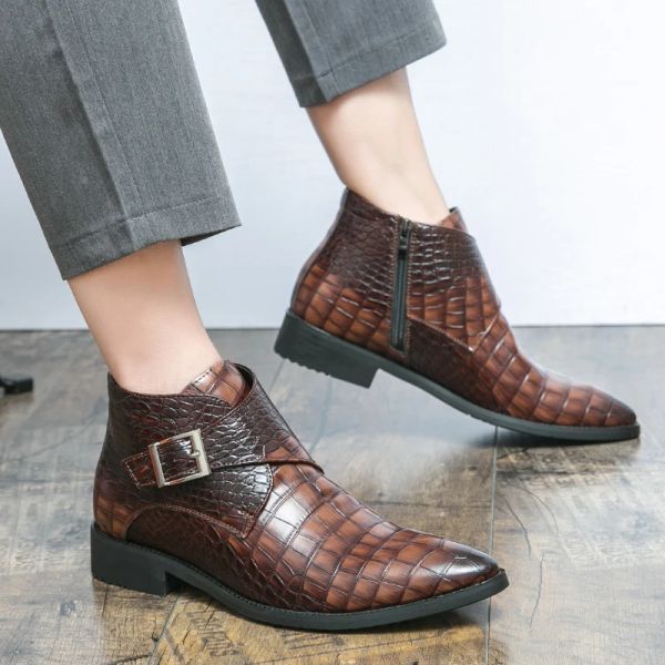 Moda de luxo botas de couro masculino inverno quente confortável chelsea botas de tornozelo curto botas de negócios padrão de crocodilo para terno