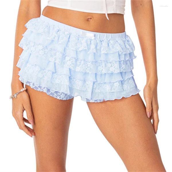 Shorts femininos puloru doce verão renda babados em camadas para mulheres meninas moda arco decoração baixa ascensão em camadas skorts casual streetwear