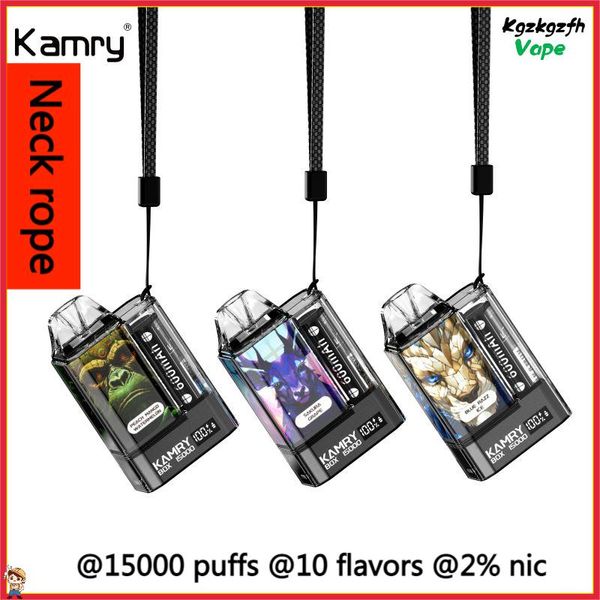 Kamry Box 15000 Puff Disponível Vape Authentic Bang Vopers Mesh Mesh Bobina Recarregável Cigarros eletrônicos 2% 10 Cores Sistema de caneta Puff 15k Vapes pescoço corda