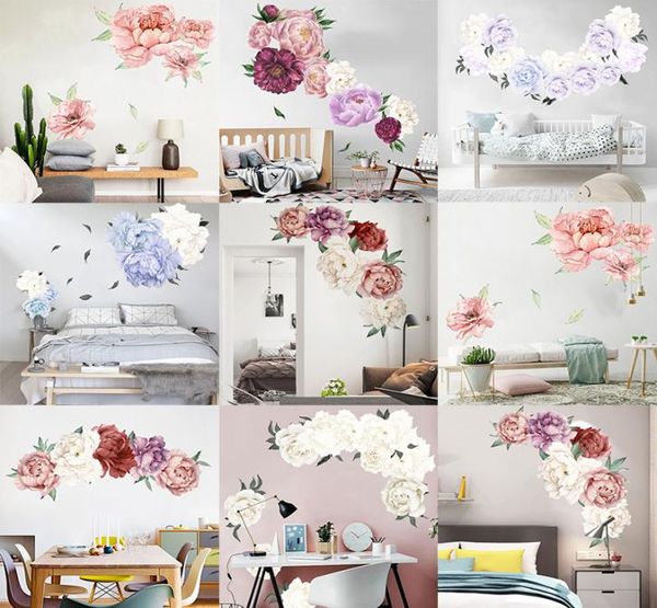 7 cores peônia rosa flores adesivos de arte de parede decalques adesivos de vinil quarto infantil berçário decoração de casa papel de parede para quarto sala de estar 9703299