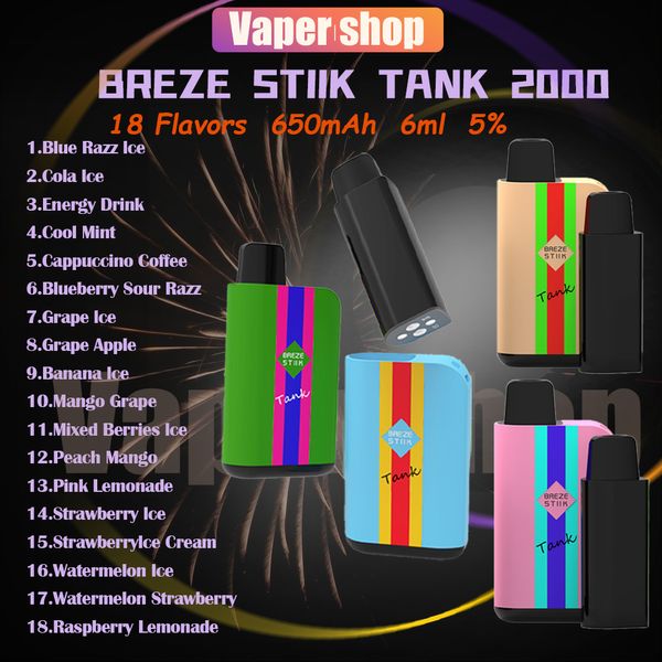 Authentic Breze Stiik tanque 2000 Puff Descartável E Cigarro 6ml Pré-cheio Pod Malha Bobina 650mAh Bateria 2% 5% 2k Puffs Vaper