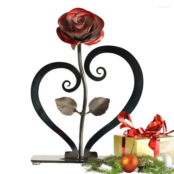 Flores decorativas metal rosa suporte em forma de coração ornamentos com presente de aniversário de casamento para a esposa sala de estar quarto estudo