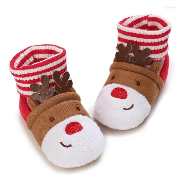 Botas infantil bebê natal neve meias listra impressão padrão de cervos meninas inverno quente lã antiderrapante chinelos