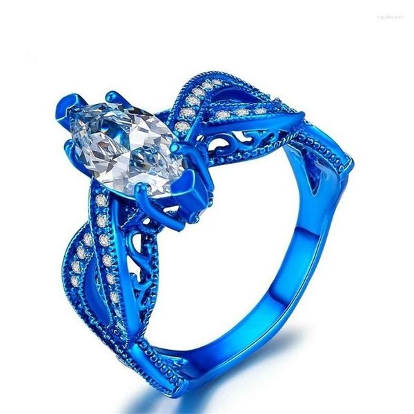 Com pedras laterais qcooljly jóias exclusivas azul oval zircão pedra anel de ouro branco cheio anéis de noivado de casamento para mulheres homens anillos mujer