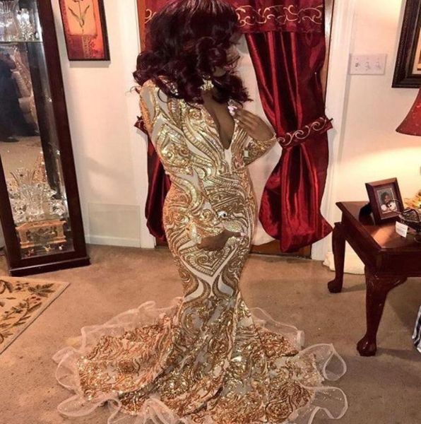 Sexy sereia mangas compridas vestidos de baile africano nigeriano ouro profundo decote em v feriados formatura vestir vestidos de festa à noite feito sob encomenda 7797633