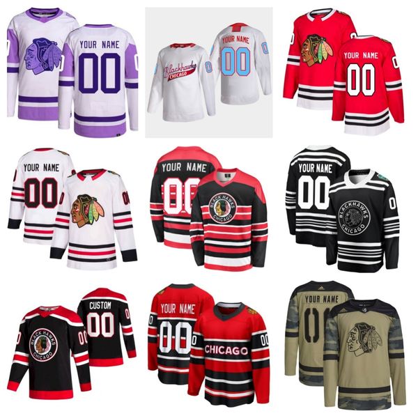 Chicago''Blackhawks''Men Mulheres Juventude Connor Bedard Nick Foligno Philipp Kurashev Jason Dickinson Colin Blackwell Petr Mrazek Seth Jones Reese Johnson Camisa de Hóquei