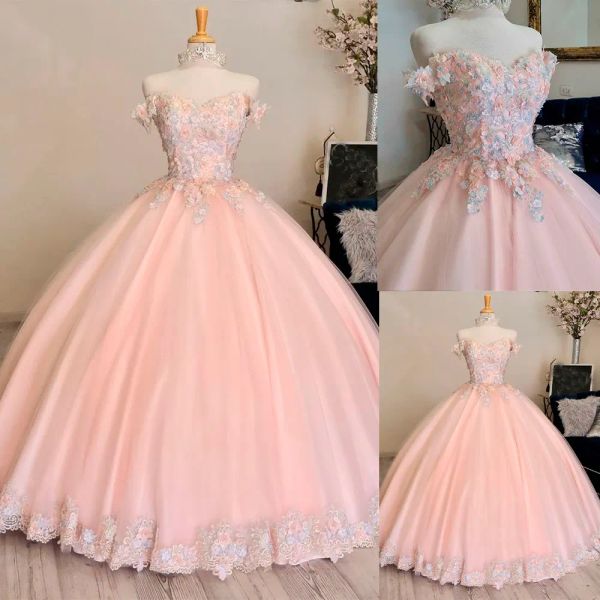 Açık pembe tatlı 16 quinceanera elbiseler 3D Aplike Boncuklar Sweerheart Boyun Korsa Vestidos De 15 Balysu Gown Özel Fırsat Elbise