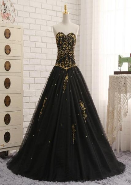 Schwarz und Gold Stickerei Ballkleid Abendkleider Real Po Sweetheart Tüll Korsett Zurück Lange Günstige Prom Abendkleider Pailletten2675540