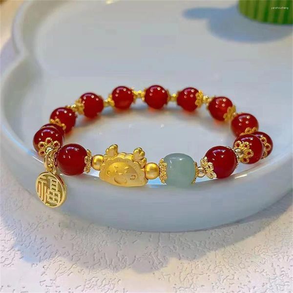 Charme pulseiras estilo chinês dragão ano zodíaco frisado para mulheres contas de pedra natural pulseira animal fortuna sorte jóias